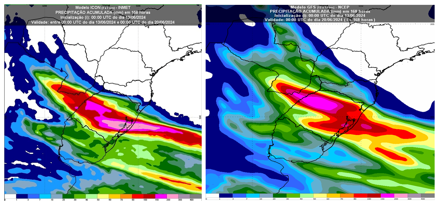 Figura 1: Precipitação (chuva) acumulada, em milímetros (mm), até 168h, das 21h (horário de Brasília) desta quinta-feira (13) até as 21h da quarta-feira (19) pelo modelo Cosmo 7km Inmet.