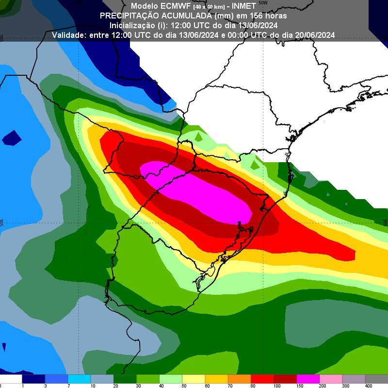 Figura 2: Precipitação (chuva) acumulada, em milímetros (mm), até 144h, das 9h (horário de Brasília) desta quinta-feira (13) até 21h da quarta-feira (19) pelo ECMWF. 