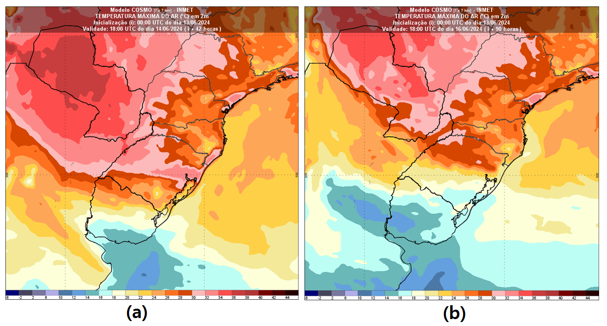 Figura 3: Temperaturas máximas (em °C) previstas pelo modelo Cosmo-Inmet 7Km para (a) sexta-feira (14) e (b) domingo (16).