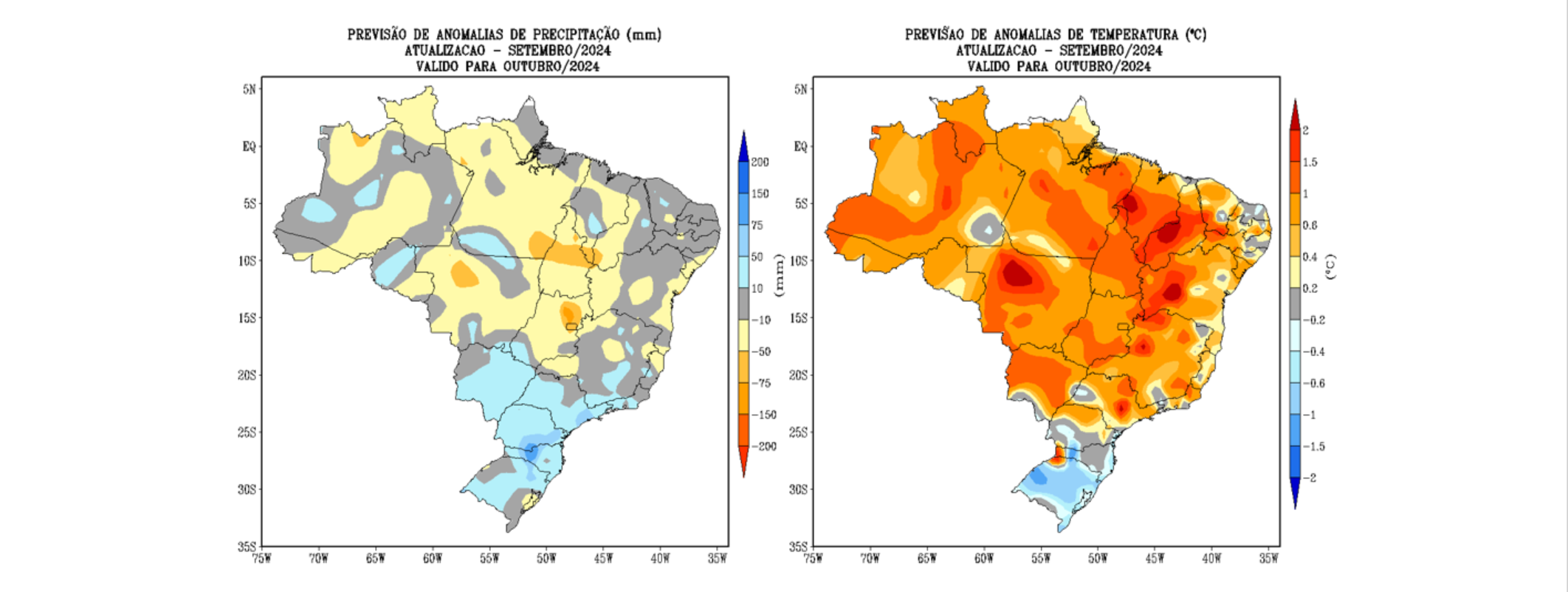 Figura 1: Previsão de anomalias de (a) precipitação e (b) temperatura média do ar do modelo climático do INMET, para o mês de outubro de 2024.