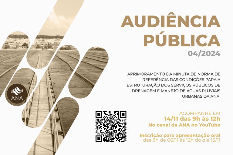 Informações da Audiência Pública nº 04/2024 com QR Code com link para a transmissão do evento via YouTube da ANA