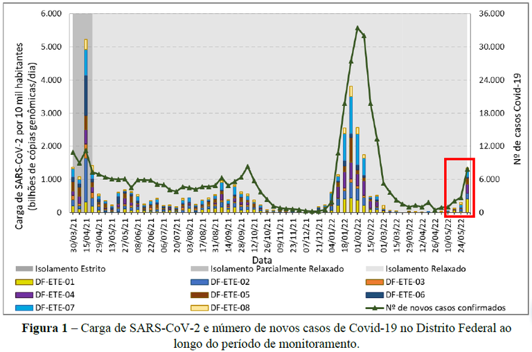 Carga da SARS-CoV-2 e número de novos casos de COVID-19 no Distrito Federal ao longo do período de monitoramento