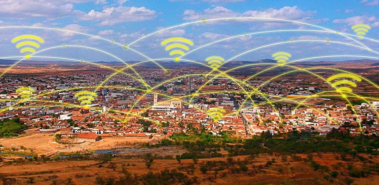 Imagem representa um município de pequeno porte atendido por infraestrutura de conectividade móvel ou fixa via redes sem fio