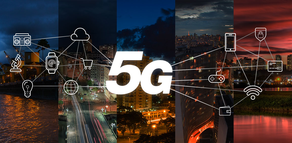 Na imagem a sigla 5G aparece conectada a diversos dispositivos sobre fotos de capitais brasileiras