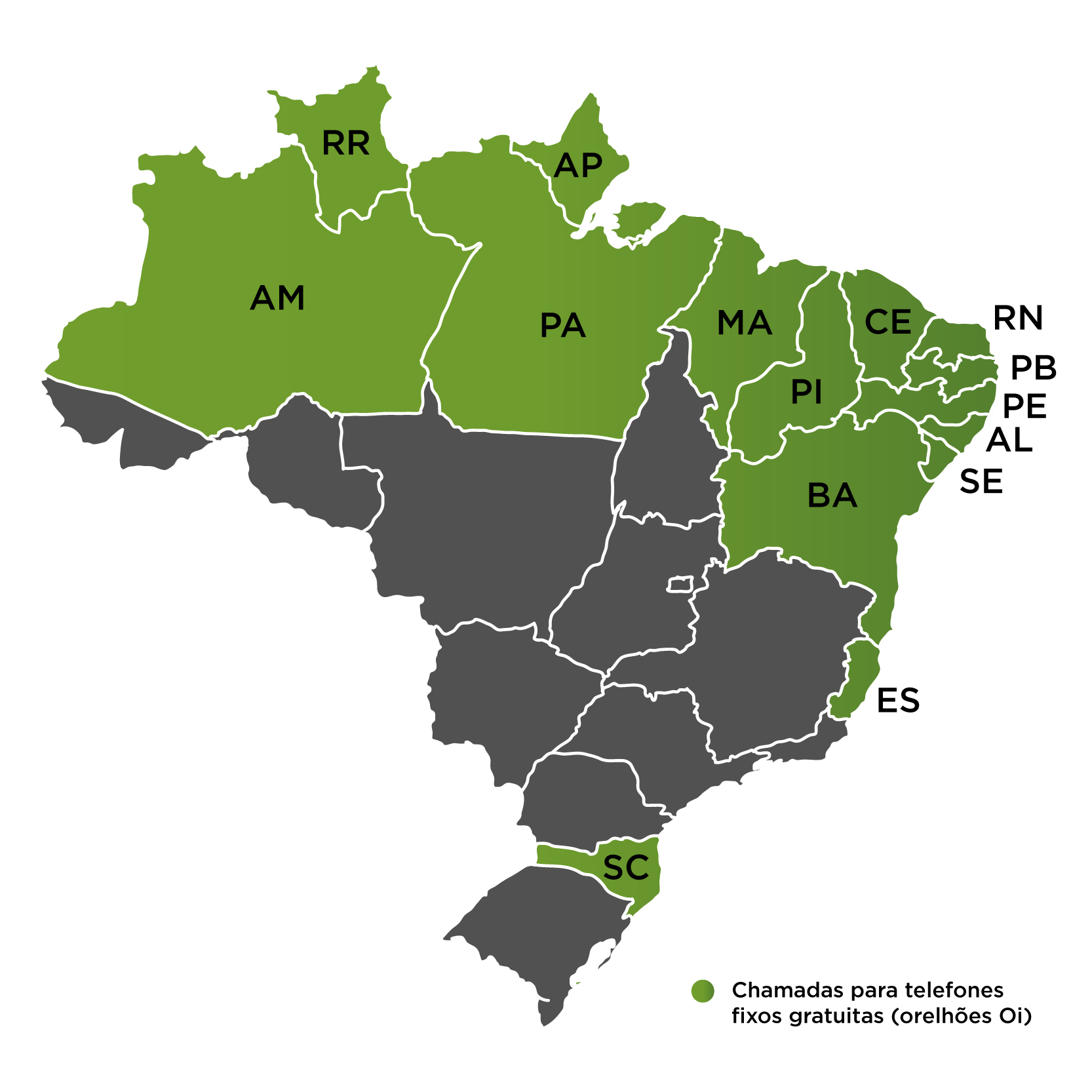 Estados onde há gratuidade de orelhões (Alagoas, Amazonas, Amapá, Bahia, Ceará, Espirito Santo, Maranhão, Pará, Paraíba, Pernambuco, Piauí, Rio Grande do Norte, Roraima, Santa Catarina e Sergipe).