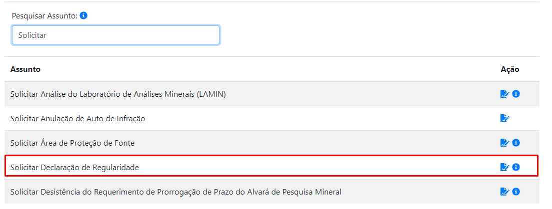 Localize através do campo Pesquisar Assunto, o serviço Solicitar Declaração de Regularidade