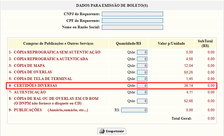 Emitir e pagar o emolumento número 6, disponível em Compras de publicações e outros