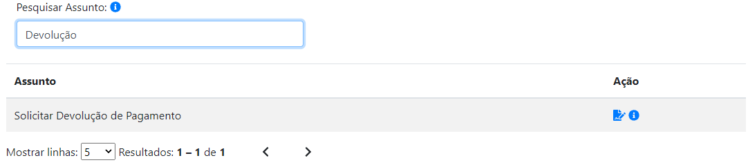 Localizar através do campo Pesquisar Assunto, o serviço Solicitar Devolução de Pagamento