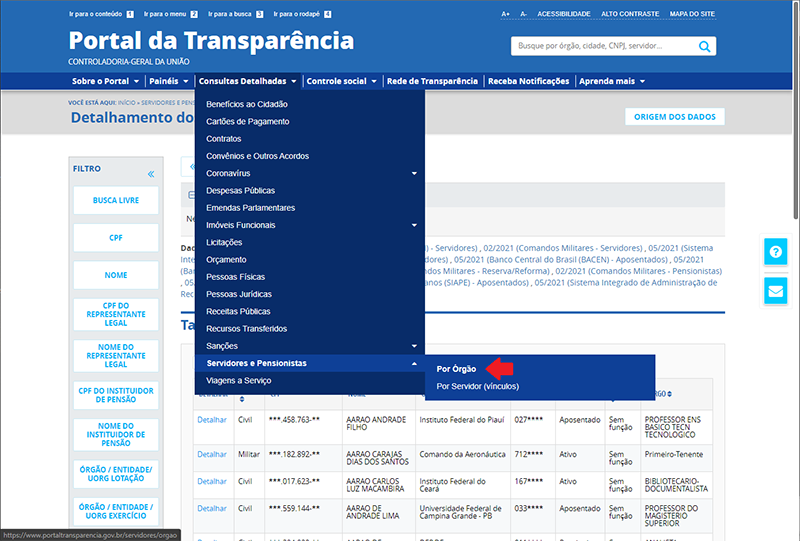 Indisponibilidade - Portal da Transparência, Servidor, Sistema