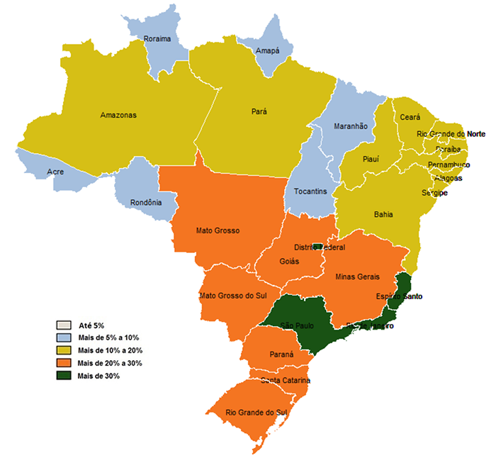 Mapa 1 - Taxa de cobertura dos planos de assistência médica por Unidades da Federação (Brasil - Março/2024)