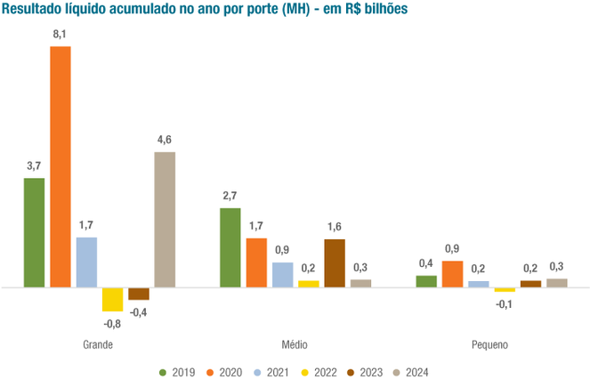 No gráfico acima, é possível observar a evolução do resultado líquido das operadoras médico-hospitalares por porte, considerando o 1º semestre de cada ano, desde 2019.