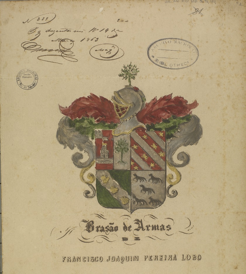 Gravura colorida do brasão de armas do fidalgo cavaleiro Francisco Joaquim Pereira Lobo