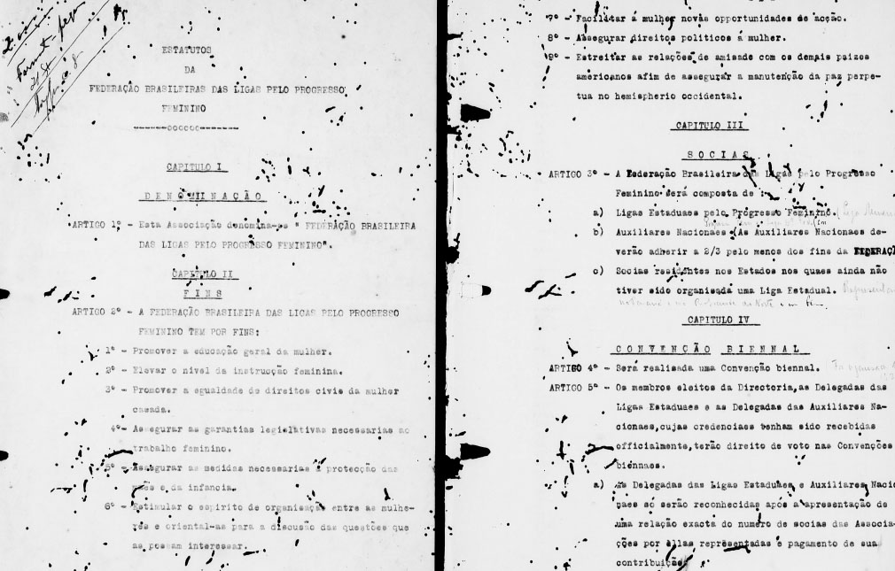 Estatutos da Federação Brasileira das Ligas pelo Progresso Feminino e da Federação Brasileira pelo Progresso Feminino, em suas versões preliminares, em forma de extratos e publicações oficiais na íntegra; modelos de estatutos para as filiais estaduais e para os departamentos filiados e capítulos das disposições gerais [dos estatutos ou regimento -  BR_RJANRIO_Q0_ADM_EOR_SEC_TXT_0003_v_01_d0001de0001 