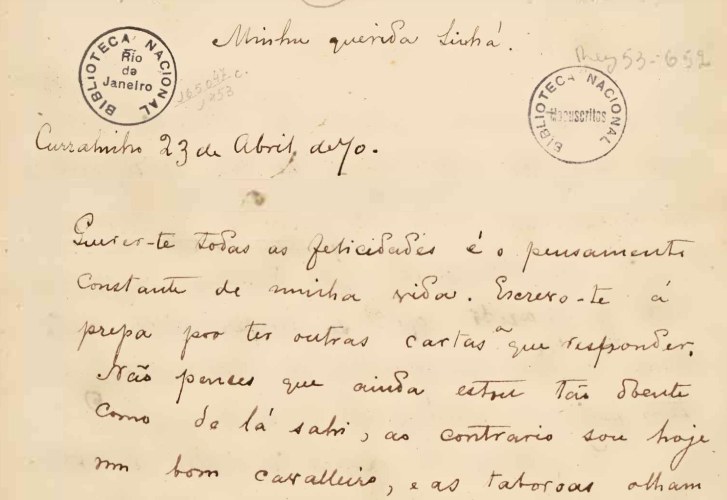 Carta de Castro Alves à irmã Adelaide (Sinhá), em que se assina “Seseo”.