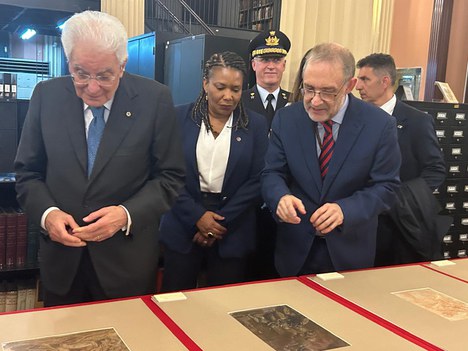 Presidente da Itália, Sergio Matarella, Ministra da Cultura, Margareth Menezes e o Presidente da FBN. Marco Lucchesi.