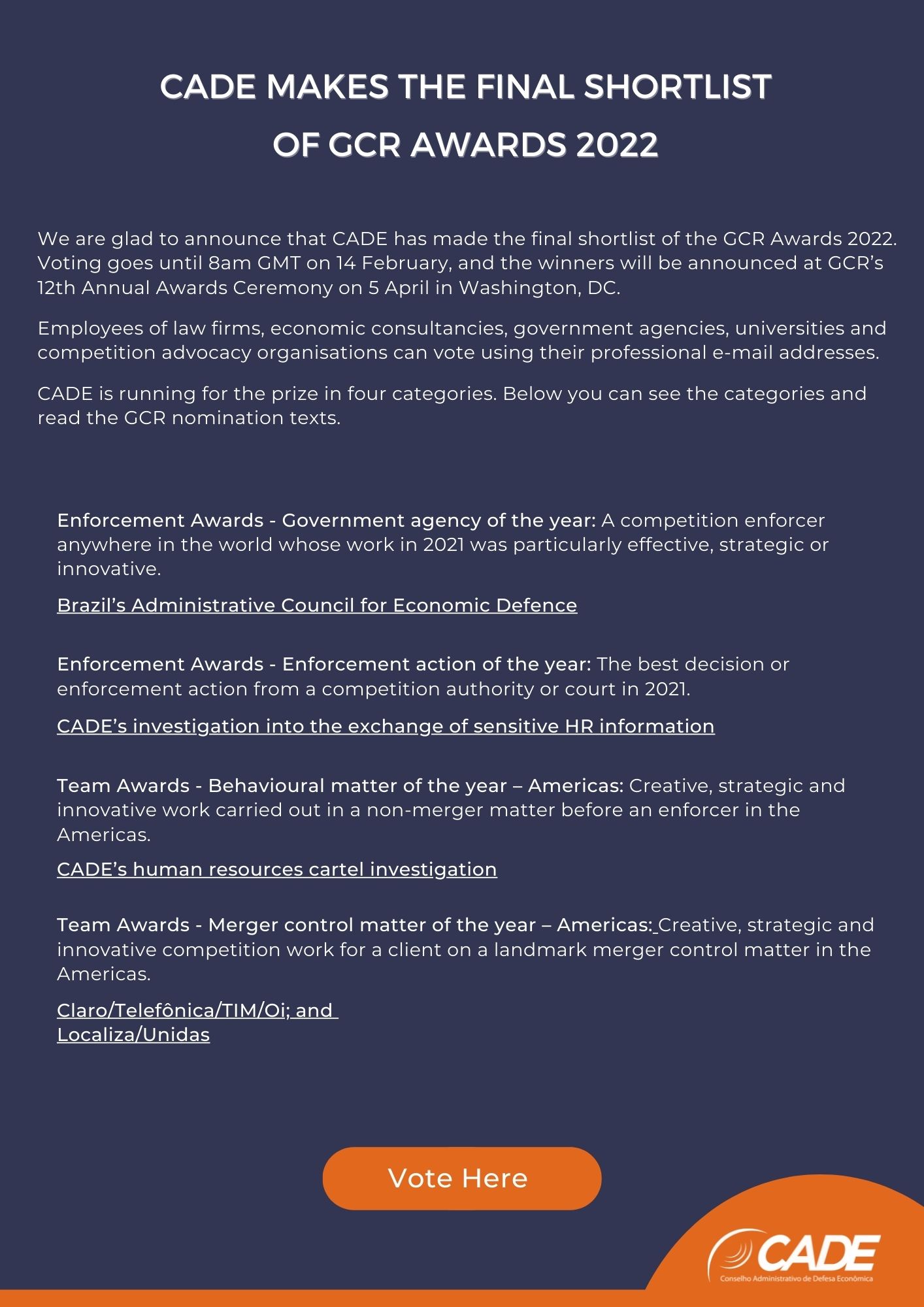 CADE makes the final shortlist of GCR Awards 2022 — Conselho