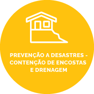 Botão com fundo amarelo escuro, contém um ícone de um círculo com uma exclamação dentro. Texto: Prevenção a Desastres: Contenção de Encostas e Drenagem