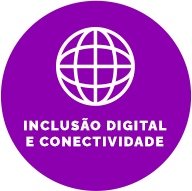 Botão com fundo roxo, contém um ícone de um globo. Texto:  Inclusão Digital e Conectividade Inclusão Digital e Conectividade