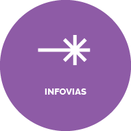 Botão com fundo roxo. Desenho vetorial de uma via com bifurcações/conexões. Texto: Infovias