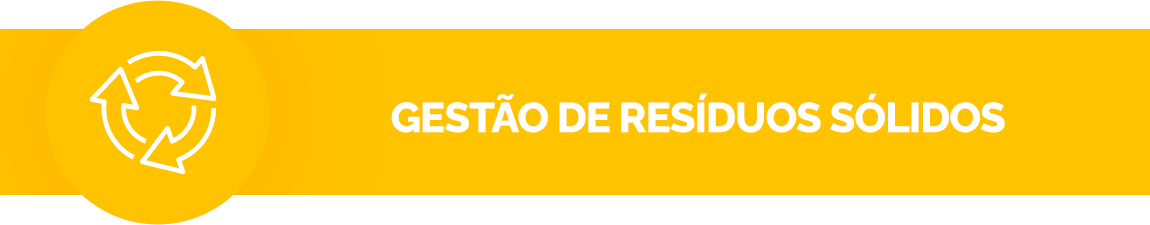 Fundo amarelo, contém um Ícone de reciclagem. Texto: Gestão de Resíduos Sólidos