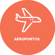 Fundo rosa Salmão. Ícone de um avião. Texto: Aeroportos