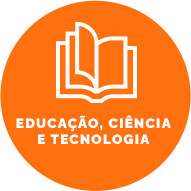 Botão com fundo laranja escuro, contém um ícone de um livro aberto. Texto: Educação, Ciência e Tecnologia