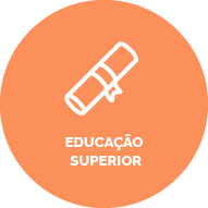 Fundo laranja suave, contém um ícone de um diploma. Texto: Educação superior