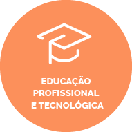 Botão com fundo laranja suave, contém um ícone de um capelo (chapéu de formando). Texto: Educação profissional e tecnológica