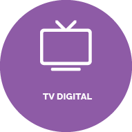 Fundo roxo. ícone de uma televisão. Texto: Tv digital