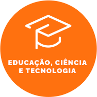 Botão com fundo na cor cenoura, contém um ícone de um capelo (chapéu de formando). Texto: Educação, Ciência e Tecnologia