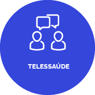 Botão com fundo azul. Ícone de duas pessoas conversando. Texto: Telessaúde