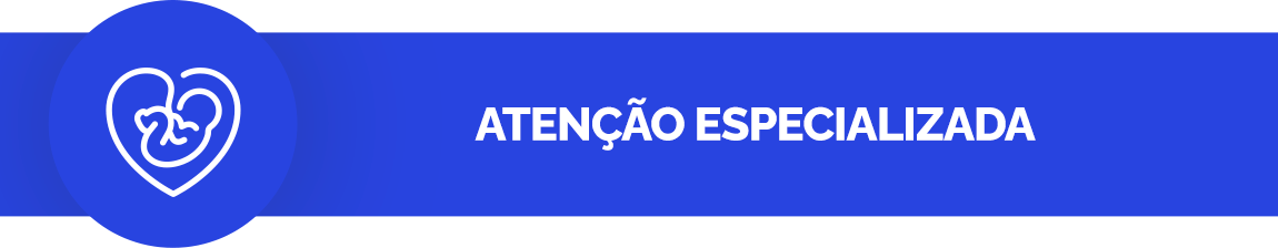 Fundo azul. Ícone de um bebê no útero. Texto: Atenção especializada.