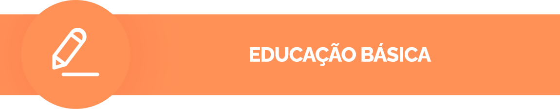 Fundo laranja suave, contém um ícone de um lápis. Texto: Educação básica