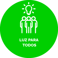 Botão com fundo verde. Ícone de uma lampada acesa acima de três pessoas. Texto: Luz para todos