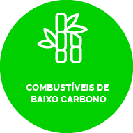 Botão com fundo verde. Ícone de cana de açúcar. Texto: Combustíveis de baixo carbono