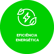 Botão com fundo verde. Ícone de um círculo passando no meio de duas folhas, com um símbolo de energia no meio: Texto: Eficiência energética