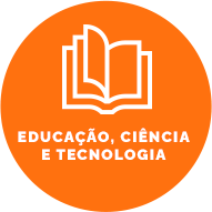 Botão com fundo na cor cenoura, contém um ícone de um capelo (chapéu de formando). Texto: Educação, Ciência e Tecnologia