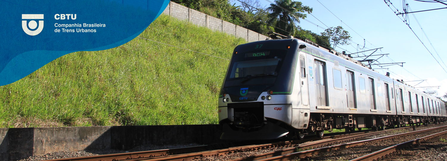 Trem passando sob trilhos. Vegetação, árvores e céu azul.