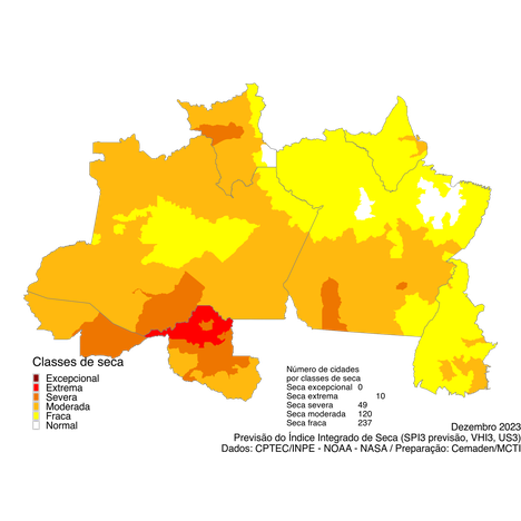 Figura 2 - Previsão do Índice Integrado de Seca (IIS) referente ao mês de dezembro de 2023 na escala de 3 meses.  