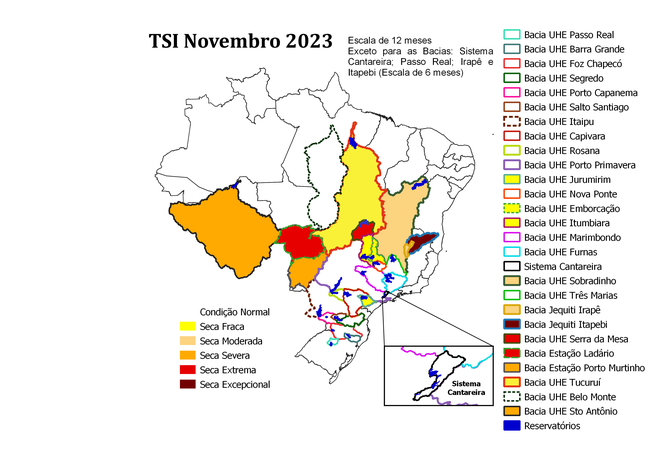 Figura 4 - Índice Padronizado Bivariado precipitação-vazão (TSI-12) para bacias afluentes a Usinas Hidrelétricas (UHE), o Sistema Cantareira e o Rio Paraguai, referente ao mês de novembro de 2023.