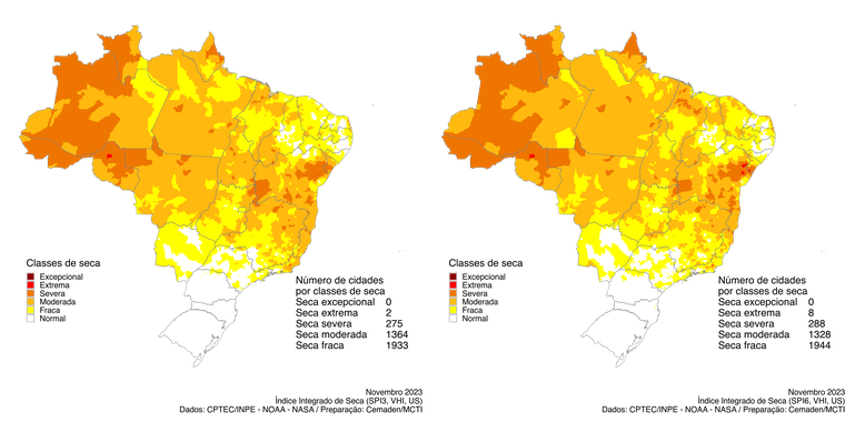 Figura 1 - Índice Integrado de Seca (IIS) referente ao mês de novembro de 2023 nas escalas de 3 meses (IIS3, esquerda) e 6 meses (IIS6, direita).