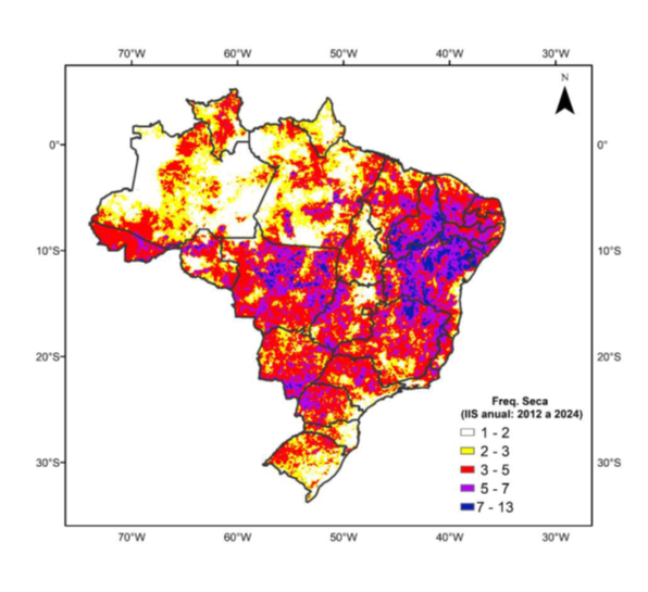 Figura D. Mapa de frequência anual de secas severas (ou categoria superior) em todo o Brasil considerando dados do Índice Integrado de Secas (IIS) para o período de 2012 a outubro de 2024 (Fonte: CEMADEN-MCTI).