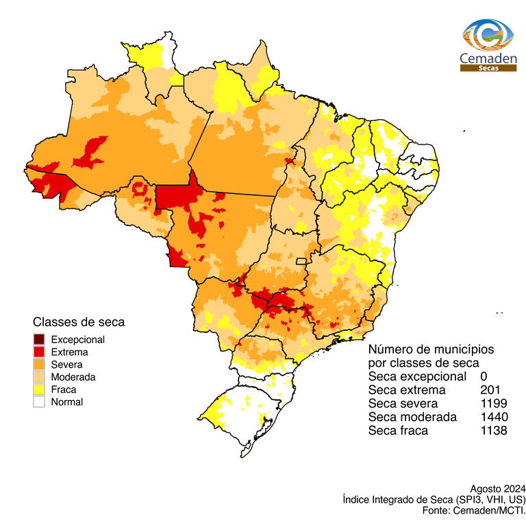 Índice Integrado de Seca - IIS3 - Agosto de 2024 (média municipal)