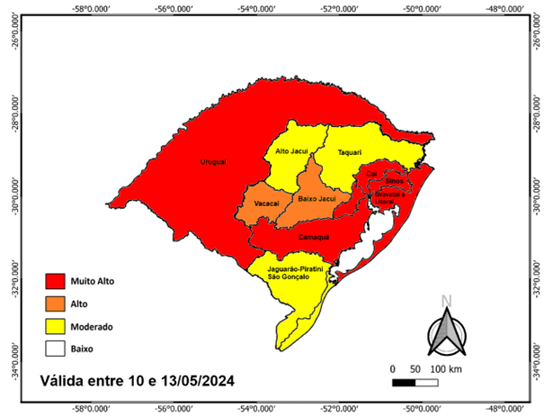 Figura 1 - Probabilidade de ocorrência de eventos hidrológicos em ao menos um município das bacias hidrográficas indicadas. Este mapa é elaborado por uma equipe multidisciplinar, levando em consideração os cenários de riscos hidrológicos atuais somados à previsão de chuva.  