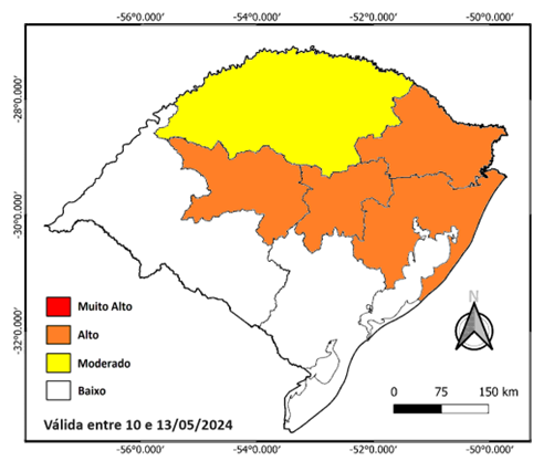 Figura 2 - Probabilidade de ocorrência de deslizamentos em ao menos um município das mesorregiões (e/ou subdivisões regionais) indicadas. Este mapa é elaborado por uma equipe multidisciplinar, levando em consideração as condições dos cenários de riscos geológicos atuais somados à previsão de chuva.