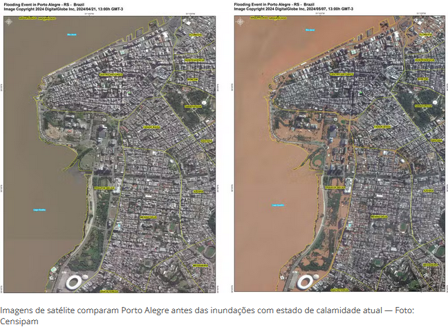 Imagens de satélite comparam Porto Alegre antes das inundações com estado de calamidade atual — Foto: Censipam