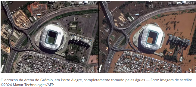 O entorno da Arena do Grêmio, em Porto Alegre, completamente tomado pelas águas — Foto: Imagem de satélite ©2024 Maxar Technologies/AFP