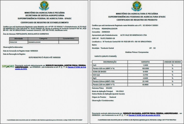 Figura 1: Certificado de Registro de Estabelecimento (à esquerda) e Certificado de Registro de Produto Remineralizador (à direita) concedidos pelo Ministério da Agricultura, Pecuária e Abastecimento - MAPA a empresa Alto Vale Mineração LTDA, de Trombudo Central – SC, a partir do Relatório de Eficiência Agronômica desenvolvido pelo Centro de Tecnologia Mineral/Núcleo Regional do Espírito Santo – CETEM-NRES.