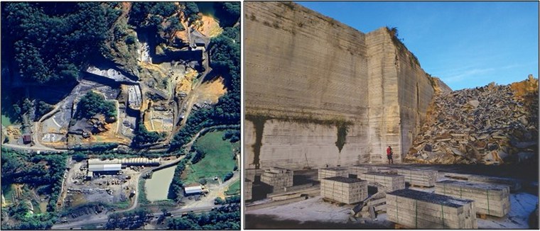 Figura 2: vista aérea (à esquerda) e frente de lavra (à direita) da empresa Alto Vale Mineração LTDA, em Trombudo Central – SC