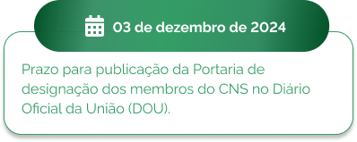 03 de dezembro - Prazo para publicação da Portaria de designação dos membros do CNS no Diário Oficial da União (DOU).